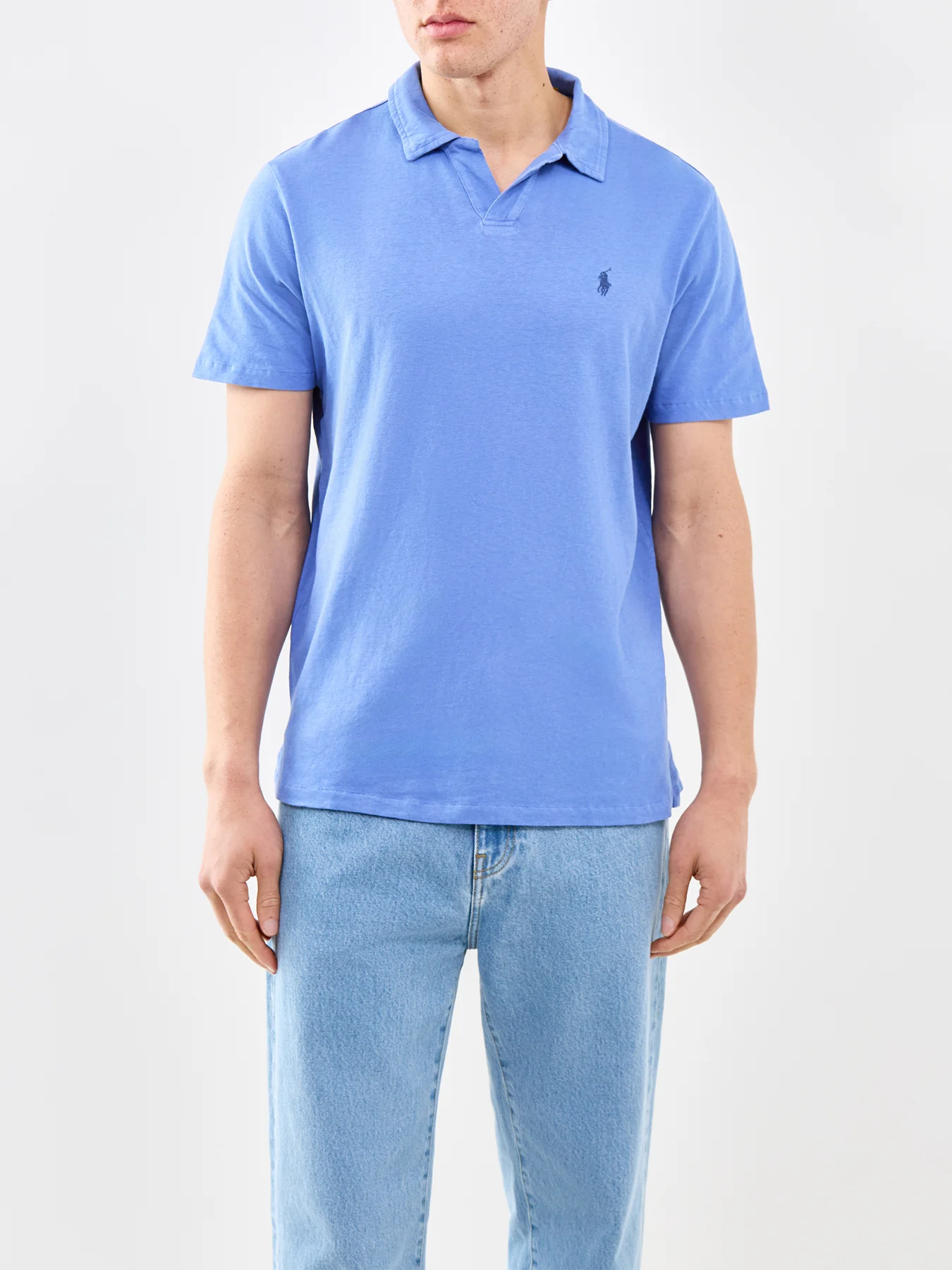 Open Neck Linen Polo Shirt Blue - Image 4