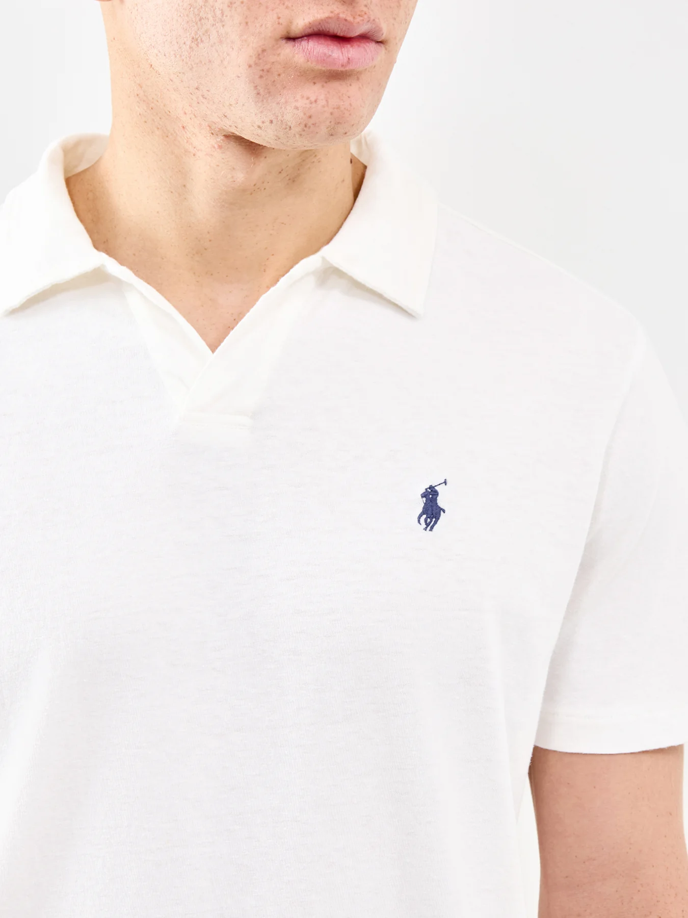 Open Neck Linen Polo Shirt Cream - Image 3