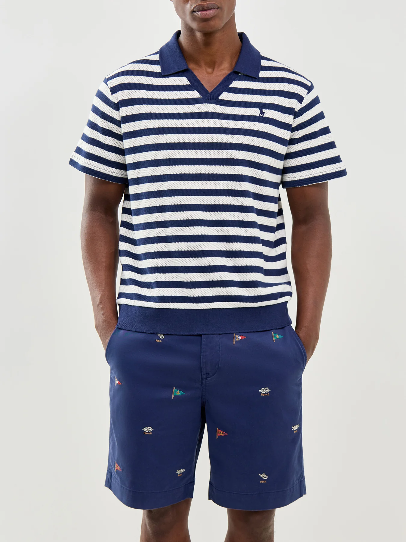 Open Neck Stripe Polo Navy - Image 4