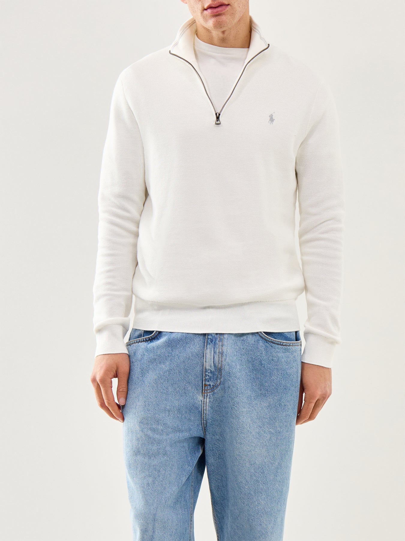 Pique Textured 1/4 Zip Knit White - Image 4