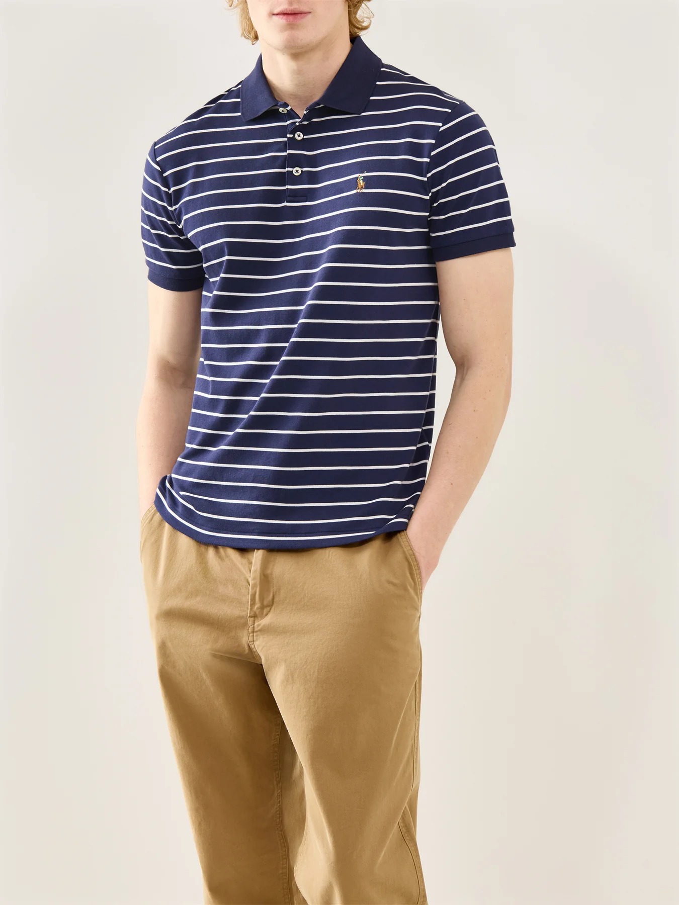 Striped Interlock Cotton Polo Shirt Navy White - Image 4