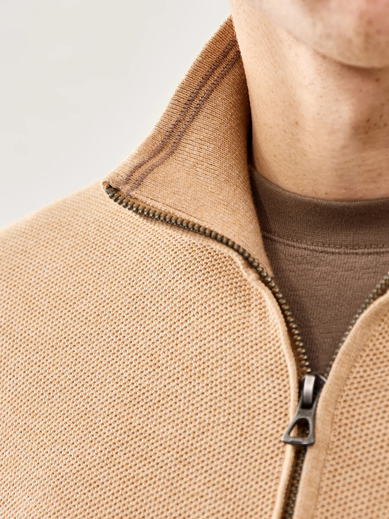 Pique Textured 1/4 Zip Knit Brown - Image 3