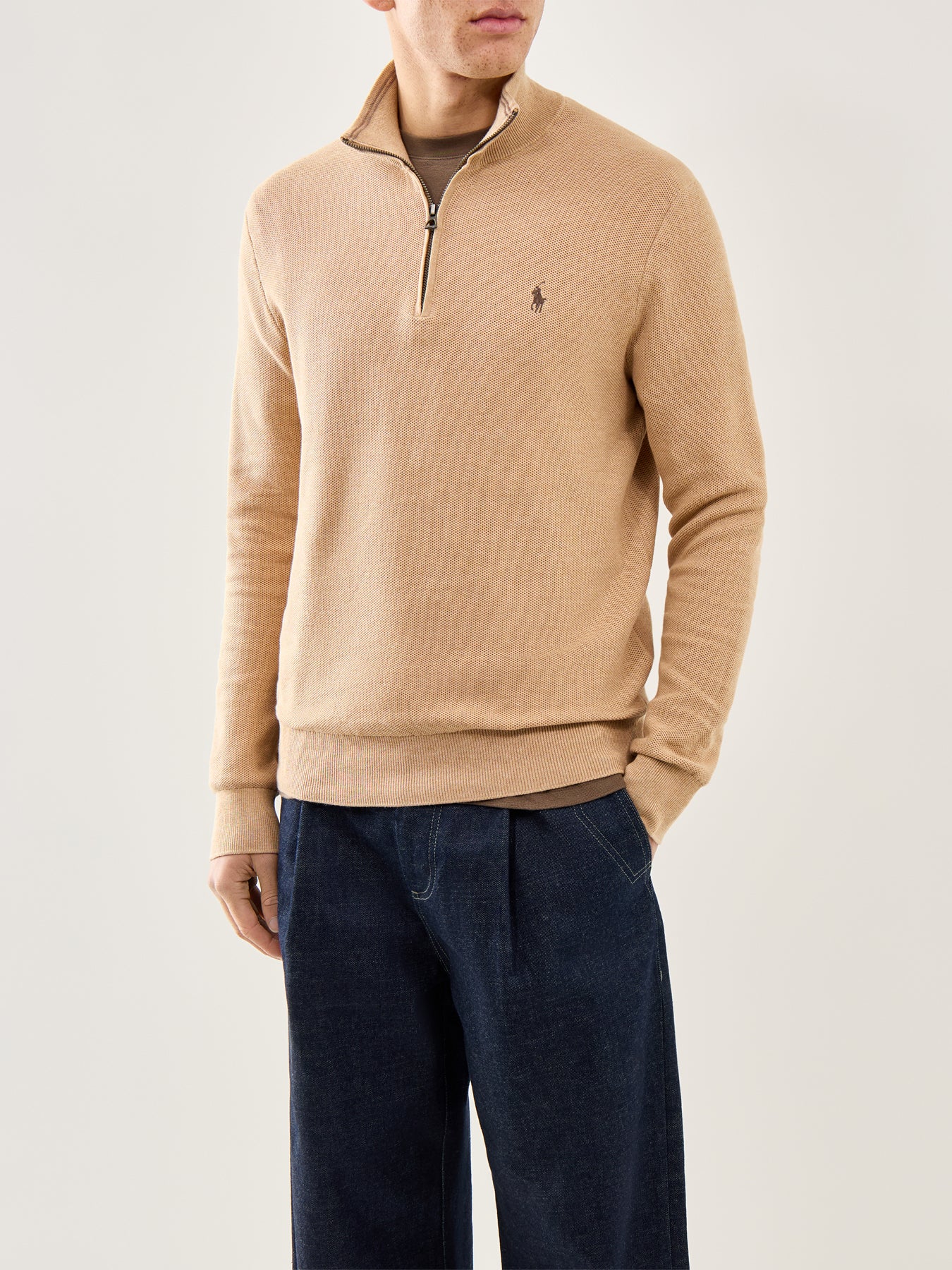 Pique Textured 1/4 Zip Knit Brown - Image 4