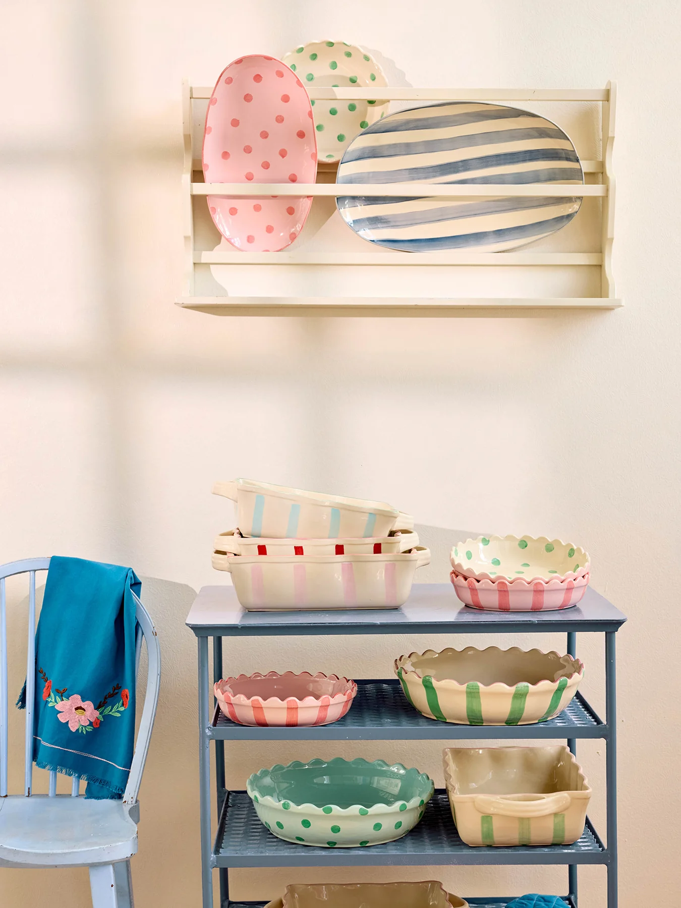 Large Ceramic Serving Platter Creme with Blue Stripes - Image 2