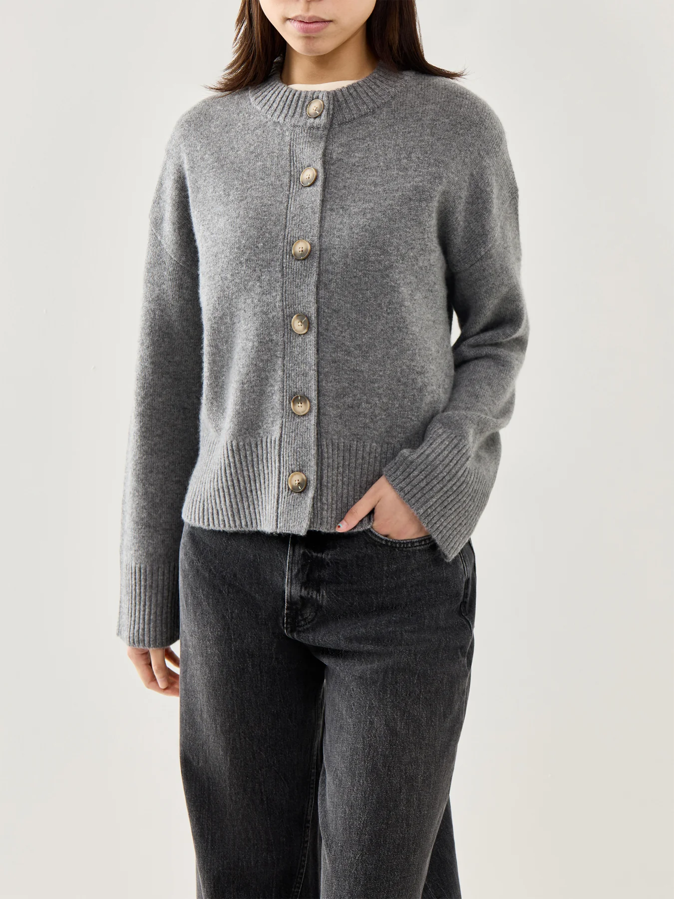 Cille Ls Knit O-Neck Cardigan Medium Grey Melange - Image 3