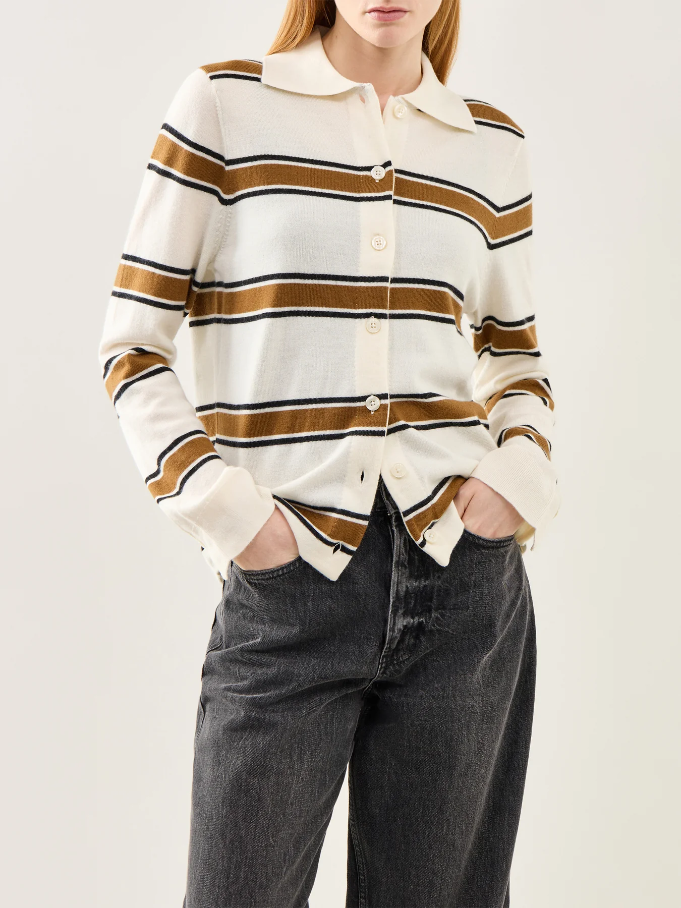 Thea Long Sleeve Knit Button Collar Top Cream - Image 4