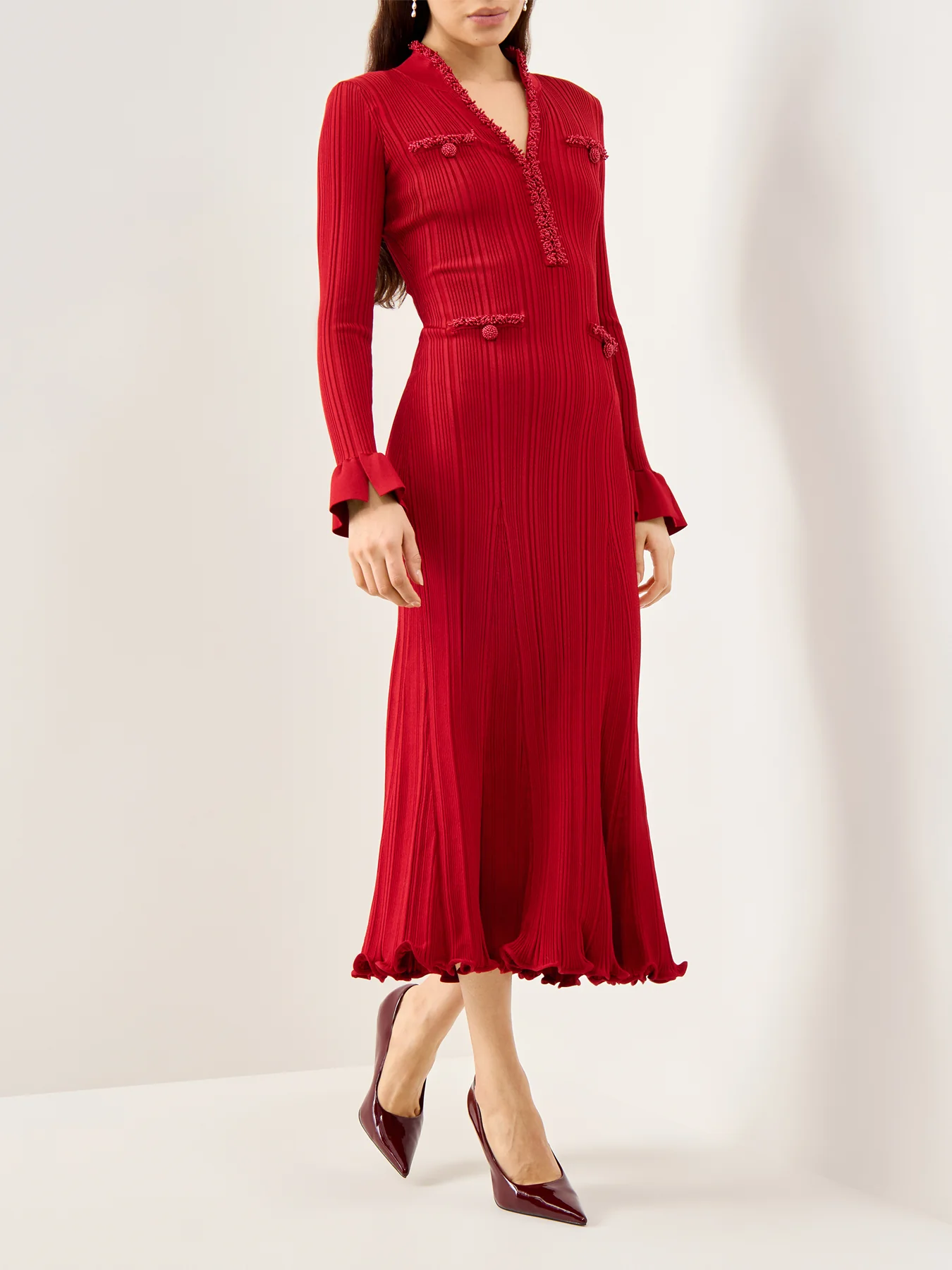 Red Pearl Trim Knit Midi Dress Red - Image 4