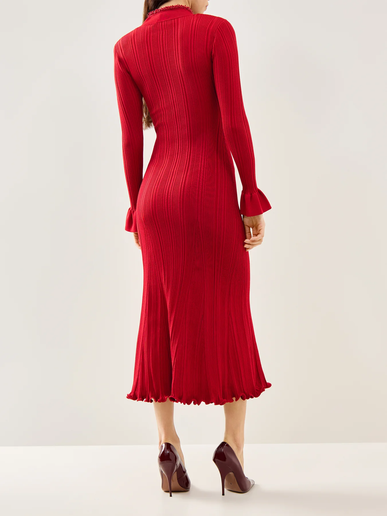 Red Pearl Trim Knit Midi Dress Red - Image 5