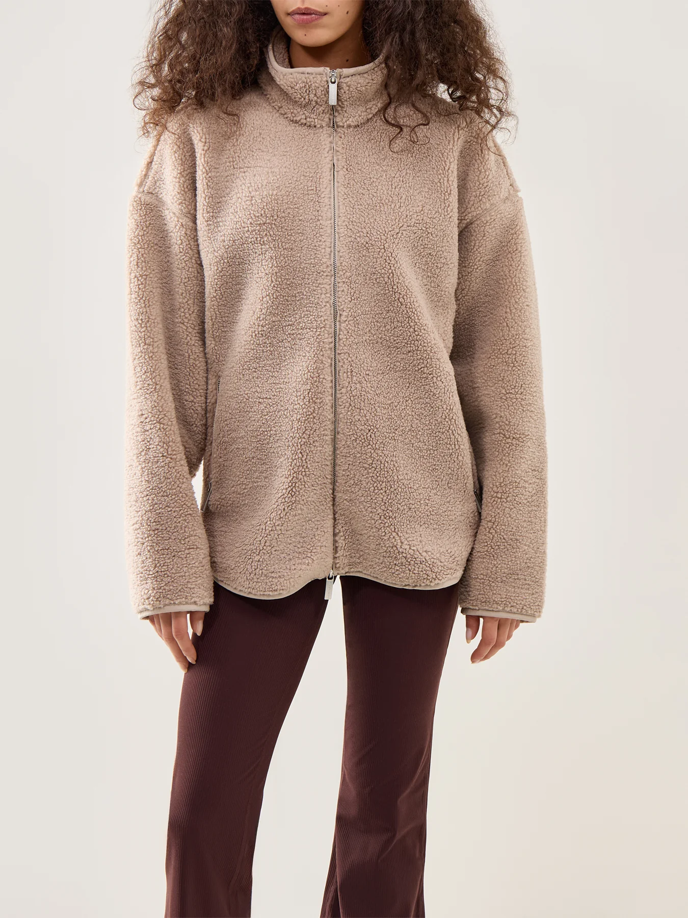 Textured Plush Zip-Up Jacket Beige - Image 4