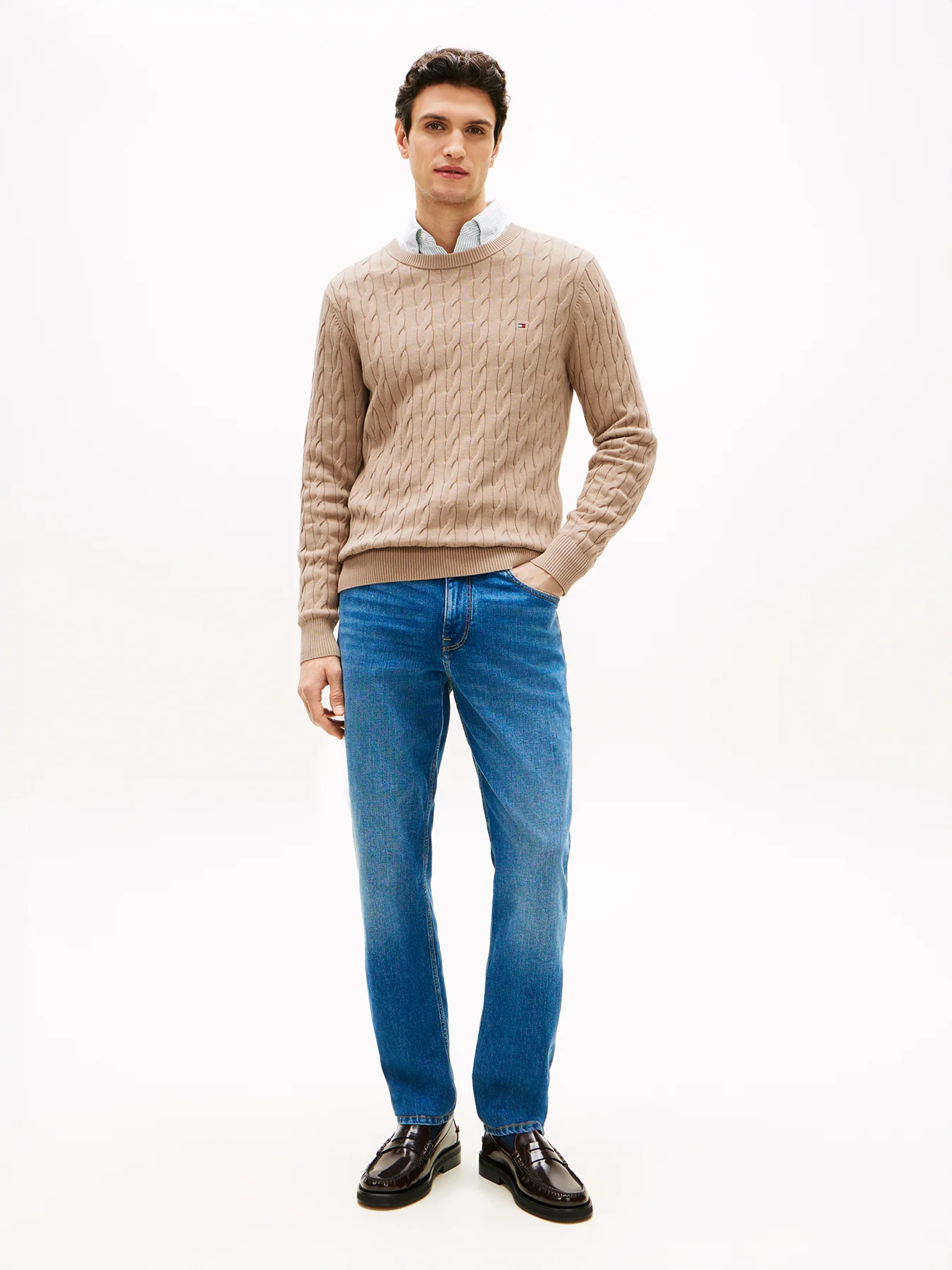 Cable Knit Crew Neck Jumper Brown - Image 3