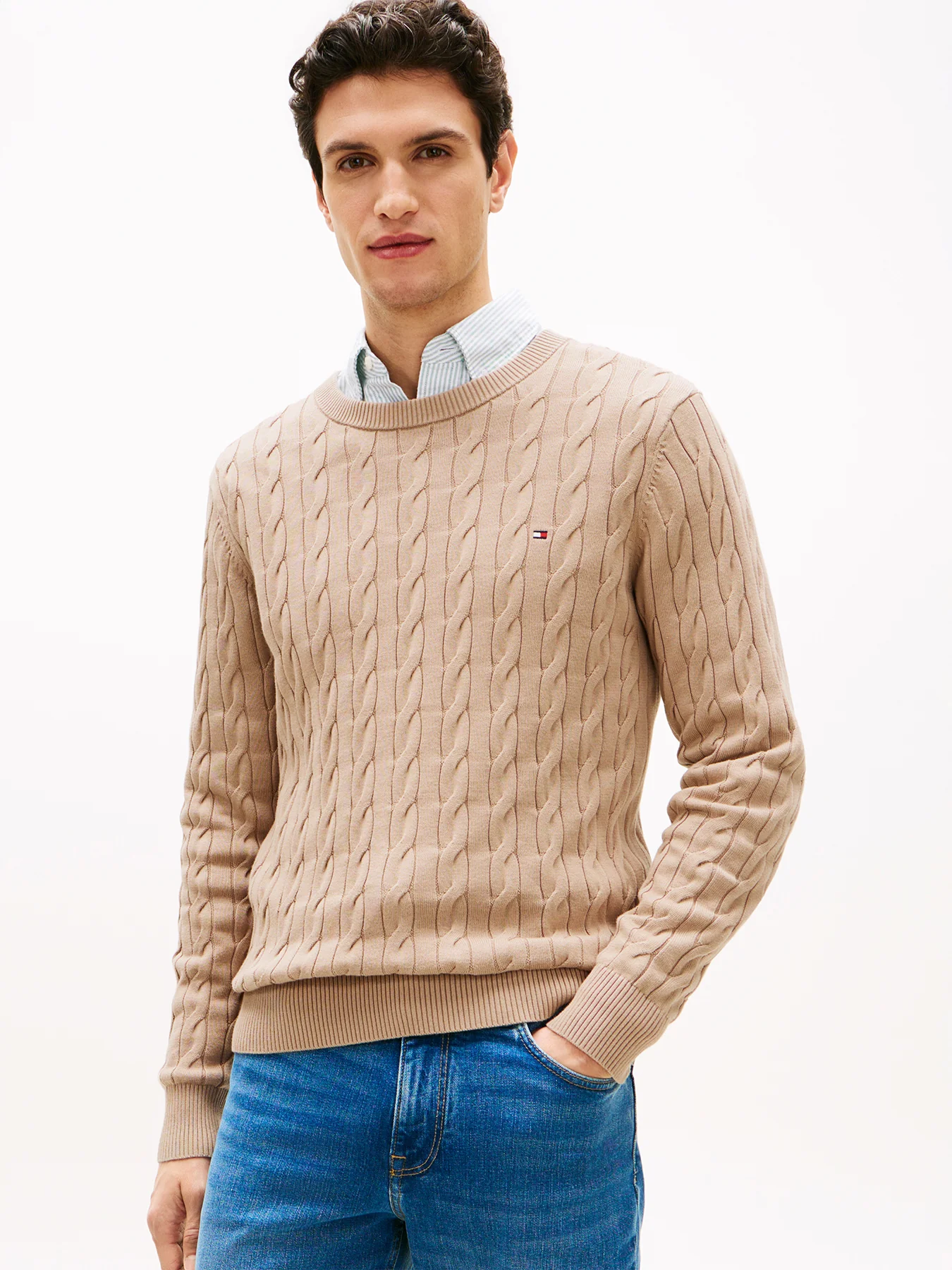 Cable Knit Crew Neck Jumper Brown - Image 5