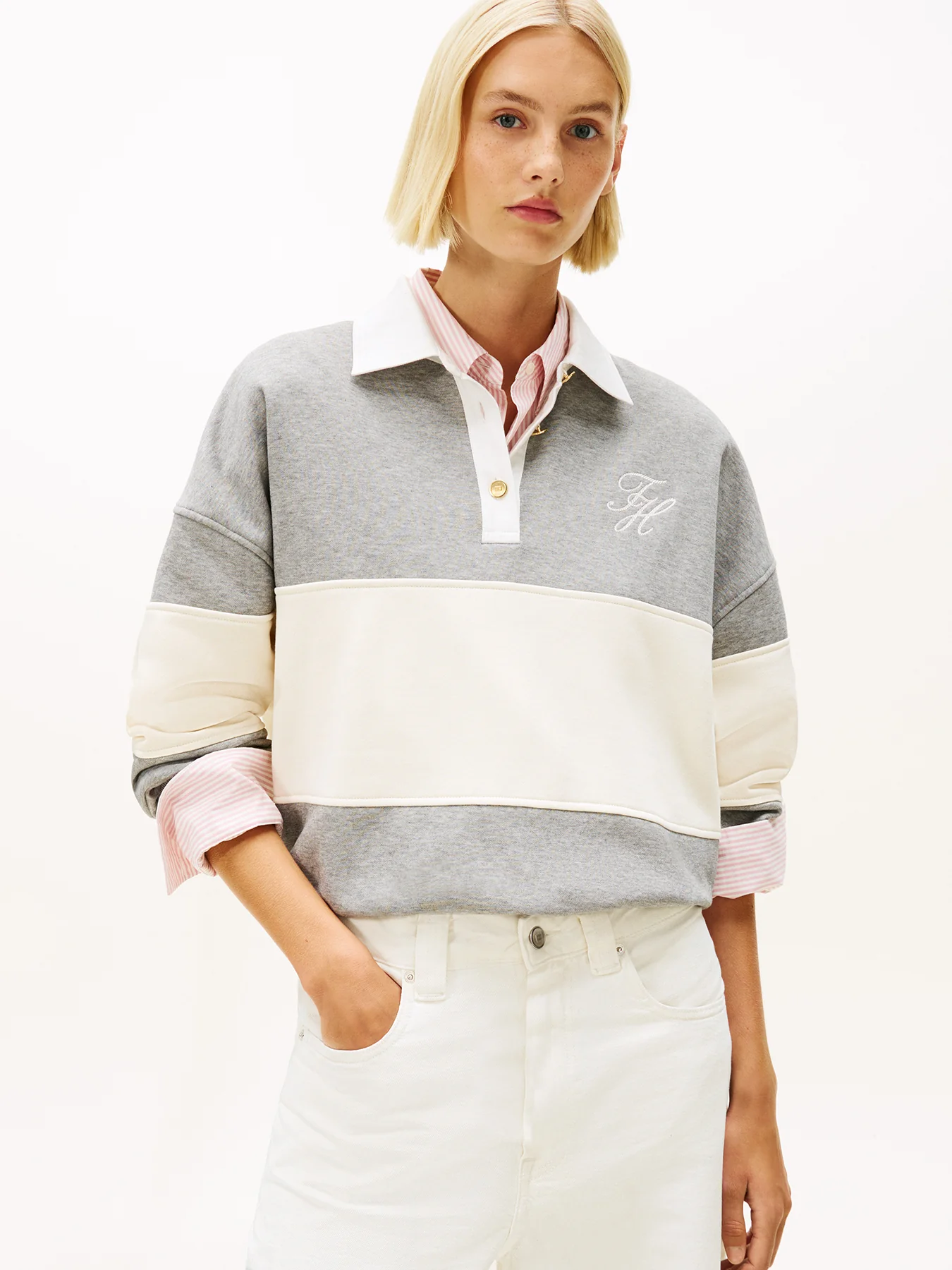 Gold-Tone Button Relaxed Rugby Sweatshirt Grey - Image 2