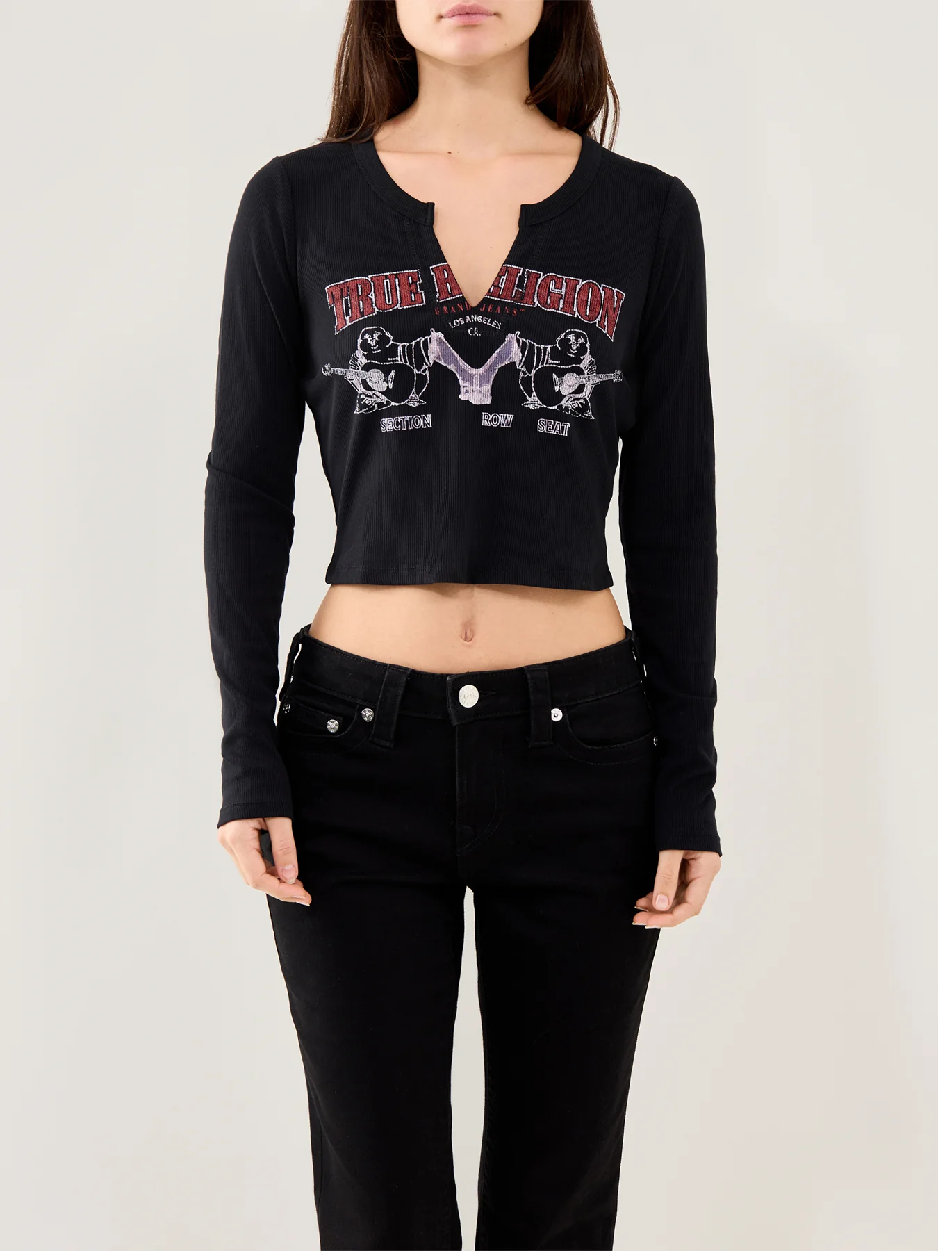 Buddha V-Neck Rib Long Sleeve Top Black - Image 4