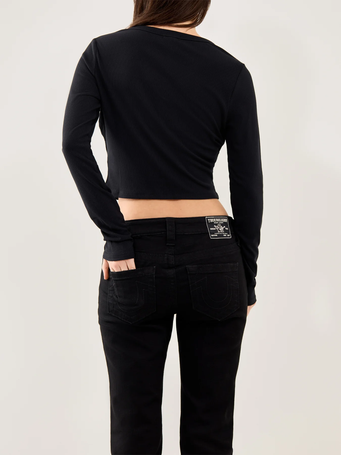 Buddha V-Neck Rib Long Sleeve Top Black - Image 5