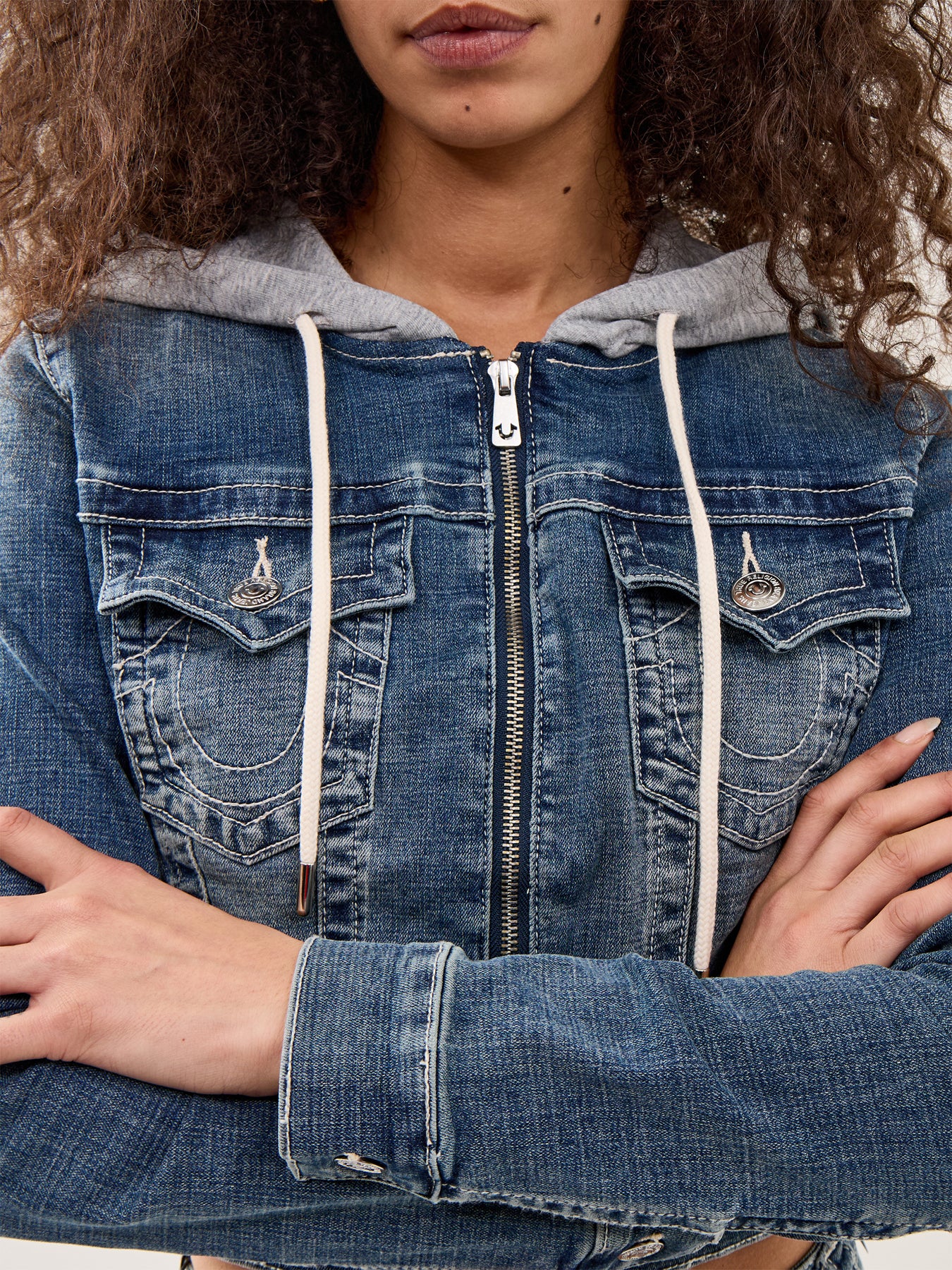 Shrunken Denim Zip Hoodie Jacket Blue - Image 3