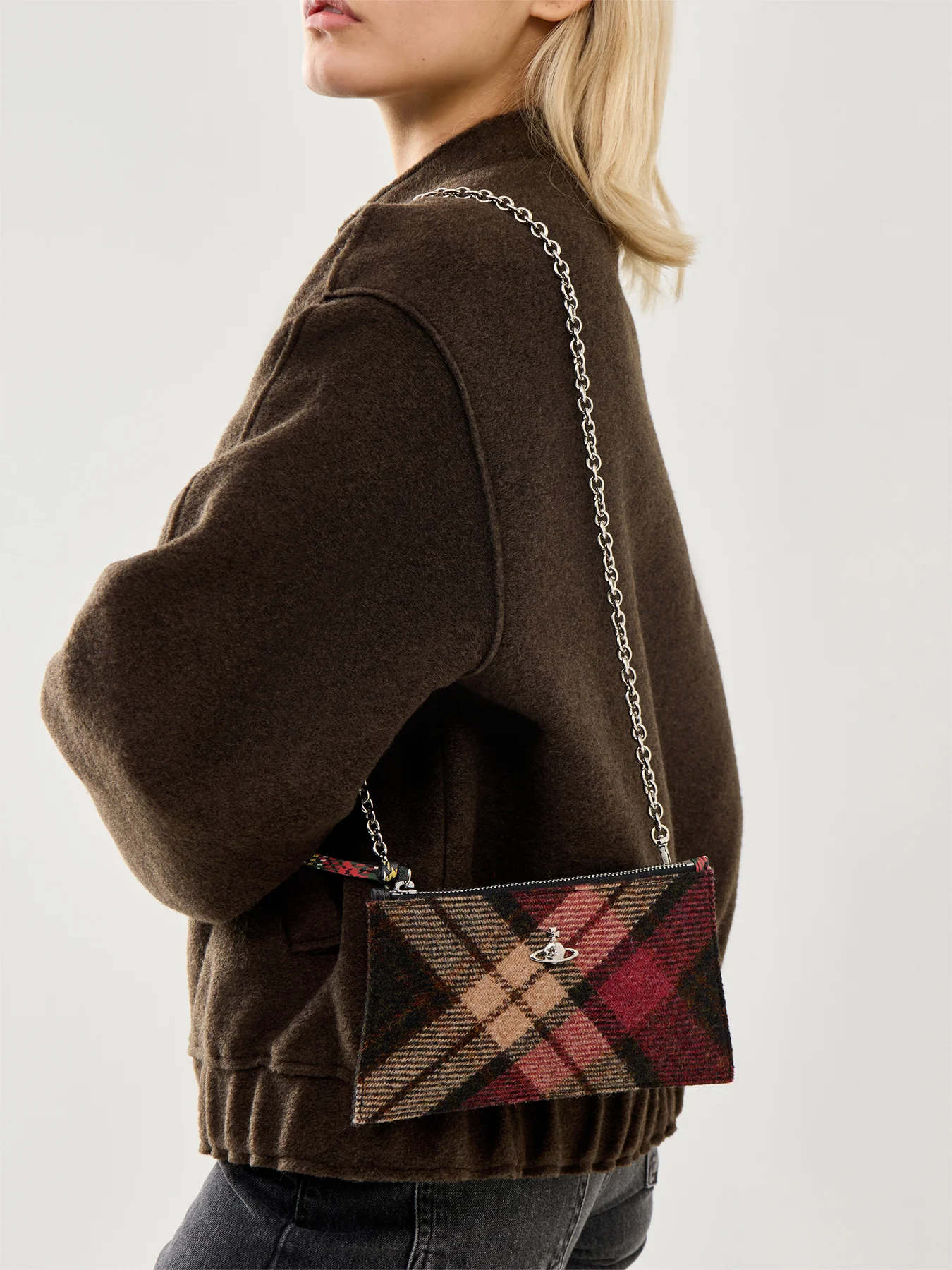 Small Flat Zip Clutch Light Check Wool - Image 2