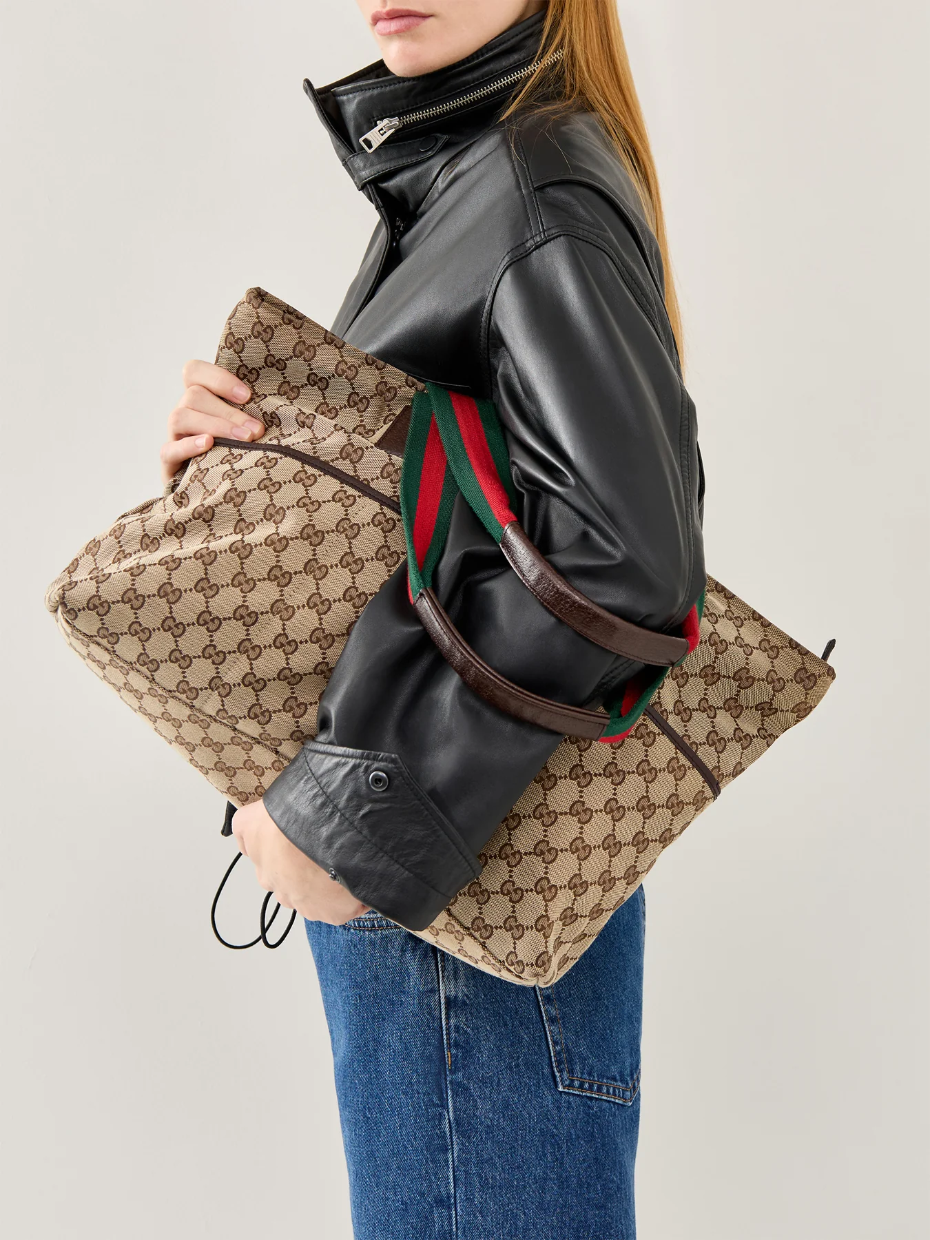 Vintage Gucci Web Zip Tote Large Brown - Image 2