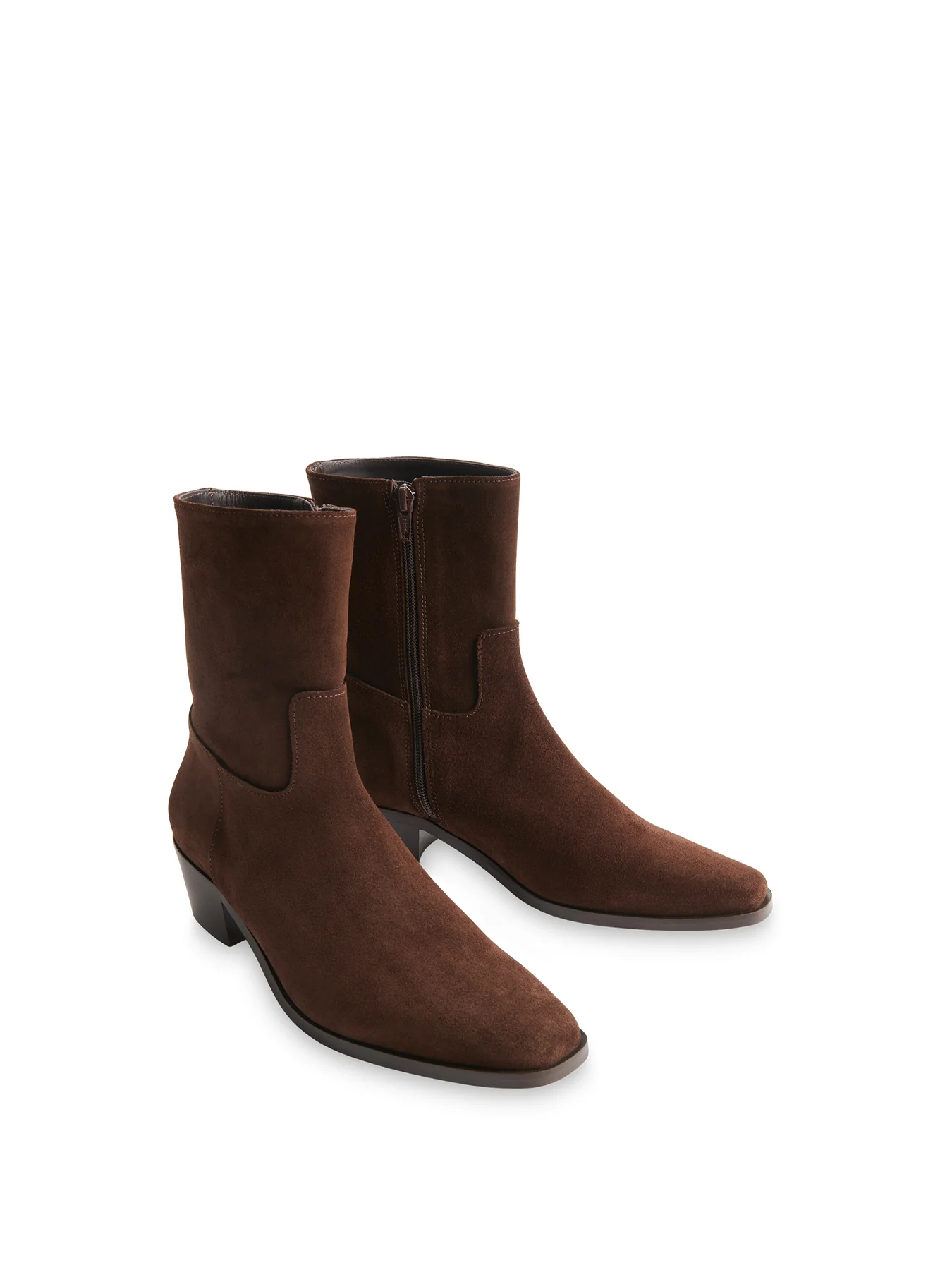 Suede Block Heel Clean Western Ankle Boots Brown - Image 2