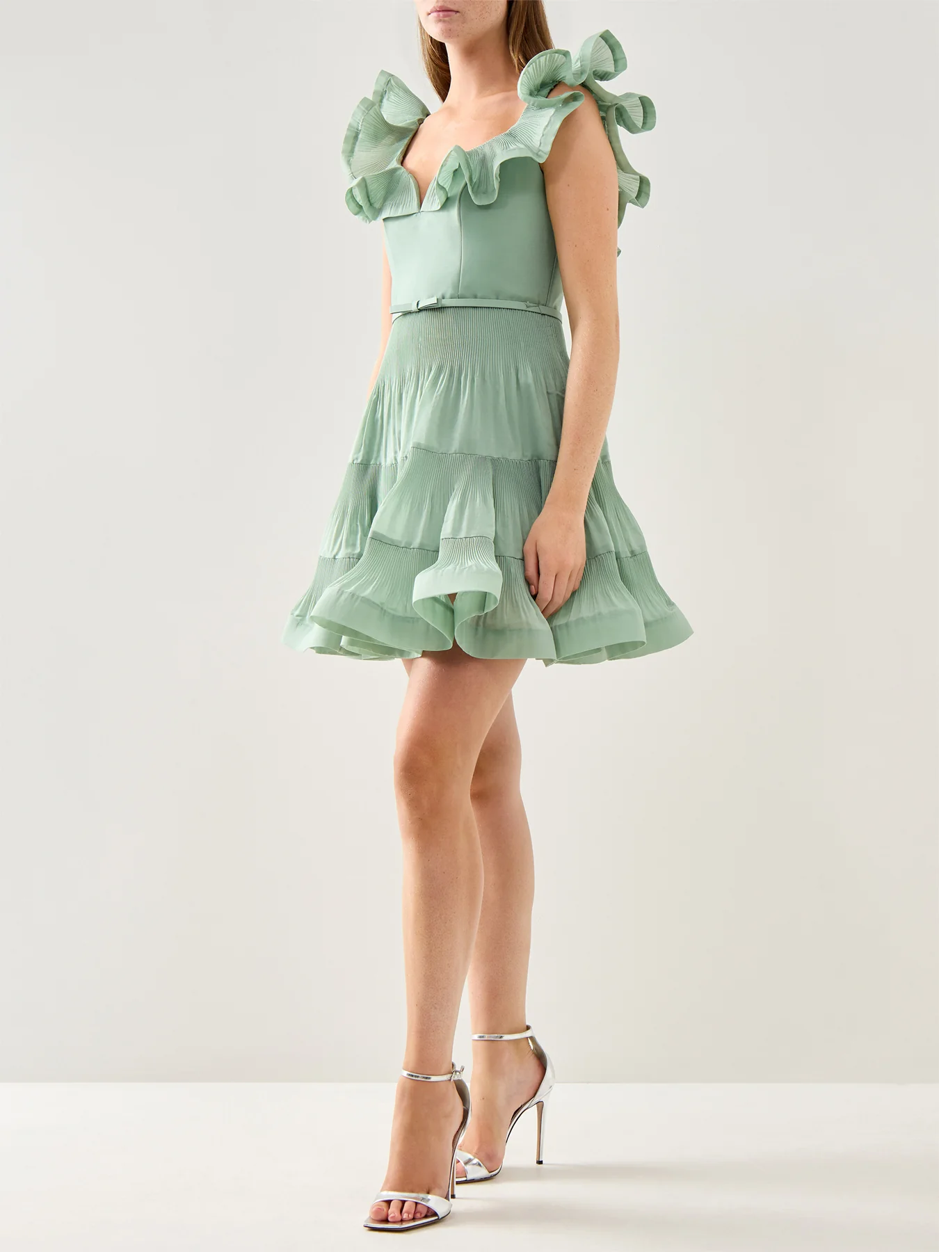 Pleated Frill Mini Dress Eucalyptus - Image 2